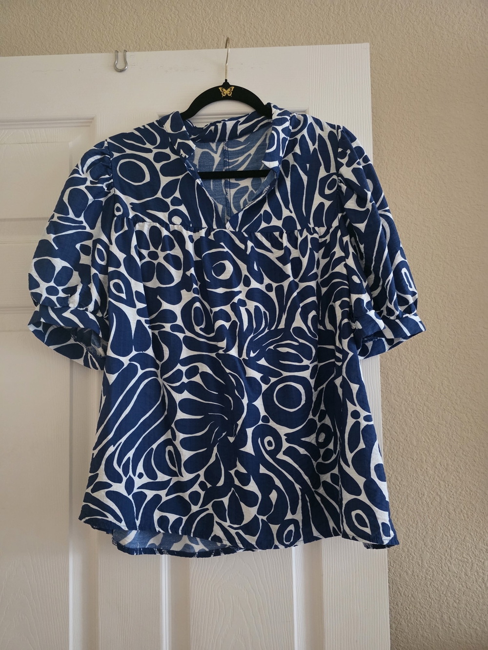 Blue and White Abstract Print V-Neck Tunic
